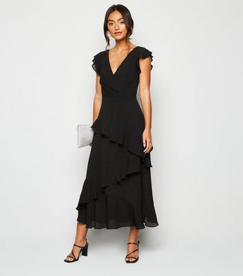 Petite Black Frill Wrap Midi Dress ...